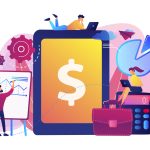 Accountants work with financial transactions software and tablet. Enterprise accounting, IT accounting system, smart enterprise tools concept. Bright vibrant violet vector isolated illustration